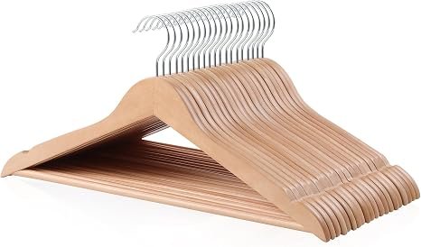 Amazon Basics wooden suit hangers with chrome swivel hook in a closet