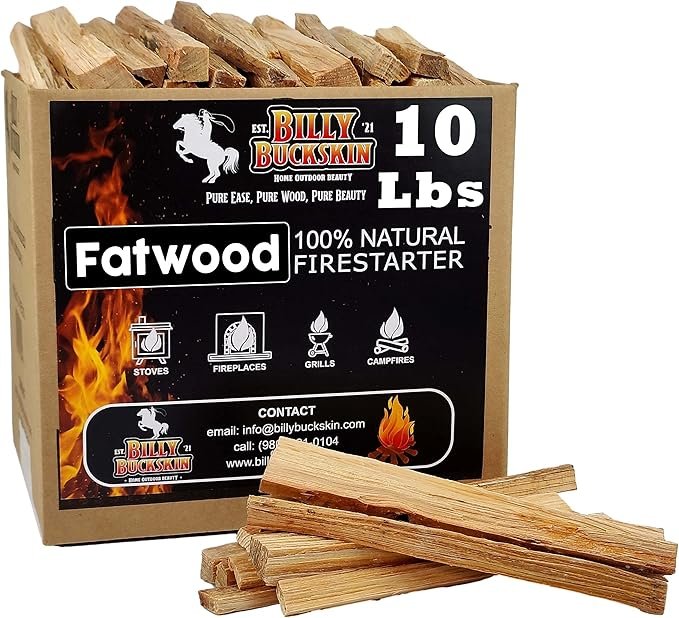 10 lb box of Billy Buckskin natural fatwood fire starter sticks for campfires and fireplaces