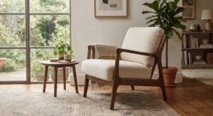 wooden accent chairs walnut boucle